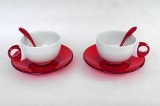Filiżanki cappuccino GUZZINI 2 szt. porcelana akryl białe czerwone ucho