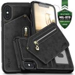 Zizo Nebula Wallet Case - Skórzane etui iPhone X z kieszeniami na karty + saszetka na zamek + szkło 9H na ekran (Black/Black)