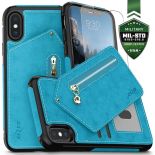 Zizo Nebula Wallet Case - Skórzane etui iPhone X z kieszeniami na karty + saszetka na zamek + szkło 9H na ekran (Baby Blue/Black)