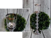 Świecznik szkło-metal z kryształowymi ozdobami  28 cm - SREBRNY