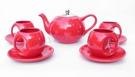 Zestaw do herbaty porcelanowy Imbryk 1L Czarka x 4 czerwony