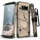 Zizo Bolt Cover - Pancerne etui Samsung Galaxy S8 ze szkłem 9H na ekran + podstawka & uchwyt do paska (Desert Tan/Camo Green)