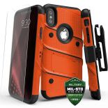 Zizo Bolt Cover - Pancerne etui iPhone Xs / X ze szkłem 9H na ekran + podstawka & uchwyt do paska (Orange/Black)