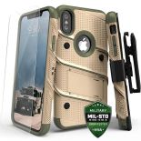 Zizo Bolt Cover - Pancerne etui iPhone Xs / X ze szkłem 9H na ekran + podstawka & uchwyt do paska (Desert Tan/Camo Green)
