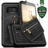 Zizo Nebula Wallet Case - Skórzane etui Samsung Galaxy Note 8 (2017) z kieszeniami na karty + saszetka na zamek + szkło 9H na ekran (Black/Black)
