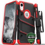 Zizo Bolt Cover - Pancerne etui iPhone XR ze szkłem 9H na ekran + podstawka & uchwyt do paska (Black/Red)