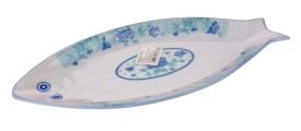 Półmisek ceramiczny RYBA niebieskie kwiaty z turkusowymi listkami 34,5x16,2 cm