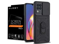 Pancerne etui z osłoną aparatu Alogy Stand Ring Armor do Galaxy A22 / M22 4G czarne + Szkło