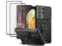 Etui Alogy Camshield Stand Ring z osłonką na aparat do Samsung Galaxy S21 Ultra + 2x Szkło Full Glue