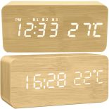 BUDZIK ZEGAR TERMOMETR ELEKTRONICZNY ZEGAREK ALARM - drewniany E291