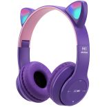 SŁUCHAWKI DLA DZIECI BLUETOOTH KOCIE USZY KOT LED RGB NAUSZNE MIKROFON -E720-1 FIOLETOWE