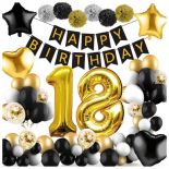 DEKORACJE OSIEMNASTKA 18 URODZINY BALONY NAPIS HAPPY BIRTHDAY ZŁOTO CZARNE